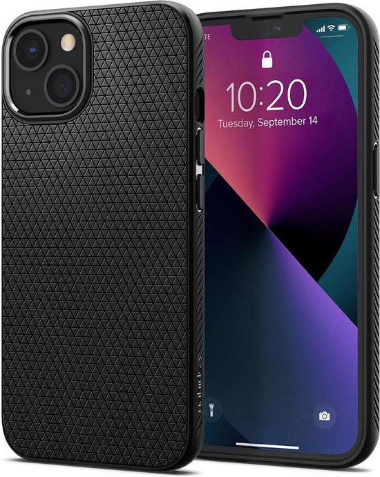 Zwart Spigen Liquid Air hoesje met driehoekig patroon op een iPhone 13.