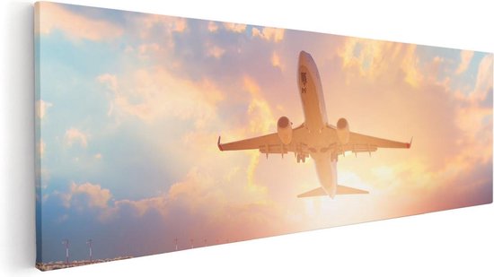 Artaza Canvas Schilderij Vliegtuig Stijgt Op Het Landingsbaan Met Zon - 120x40 - Groot - Foto Op Canvas - Canvas Print