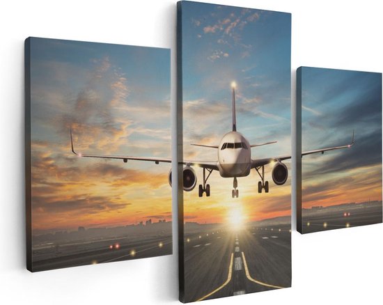 Artaza Canvas Schilderij Drieluik Vliegtuig Met Een Landing Op De Luchthaven - 90x60 - Foto Op Canvas - Canvas Print
