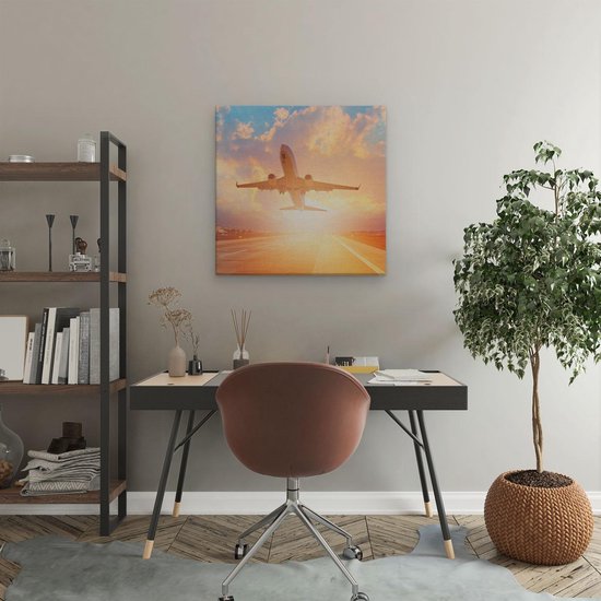 Artaza Peinture sur toile Un avion décolle sur la piste avec le soleil - 50 x 50 - Photo sur toile - Impression sur toile