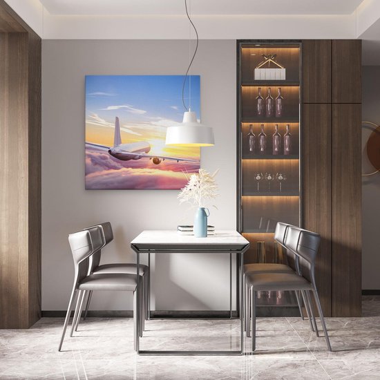 Artaza Peinture Sur Toile Avion Dans Les Nuages Au Coucher Du Soleil - 80x80 - Groot - Photo Sur Toile - Impression Sur Toile