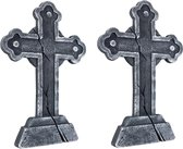 Halloween - 2x Horror kerkhof decoratie grafsteen Gotisch kruis 60 cm - Halloween/Horror thema decoratie grafstenen