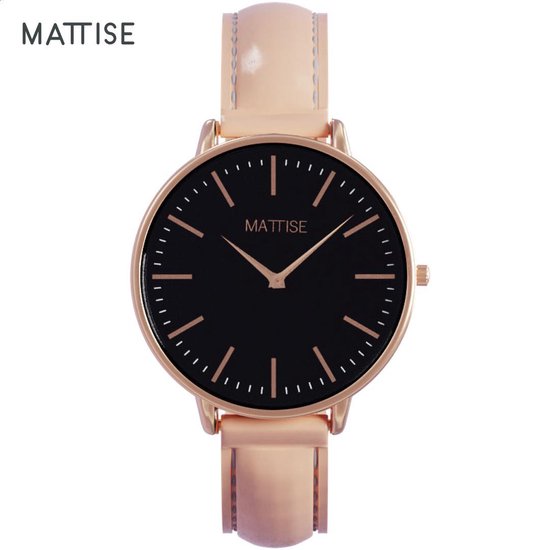 MATTISE Dames Horloge Rosé Goud met Roze Horlogebandje van Echt Leer — Valerie black 38 mm Quartz Horloge Dames — Horloge voor Vrouwen — Horloges Horologe Uurwerk Vrouwen Uurwerken