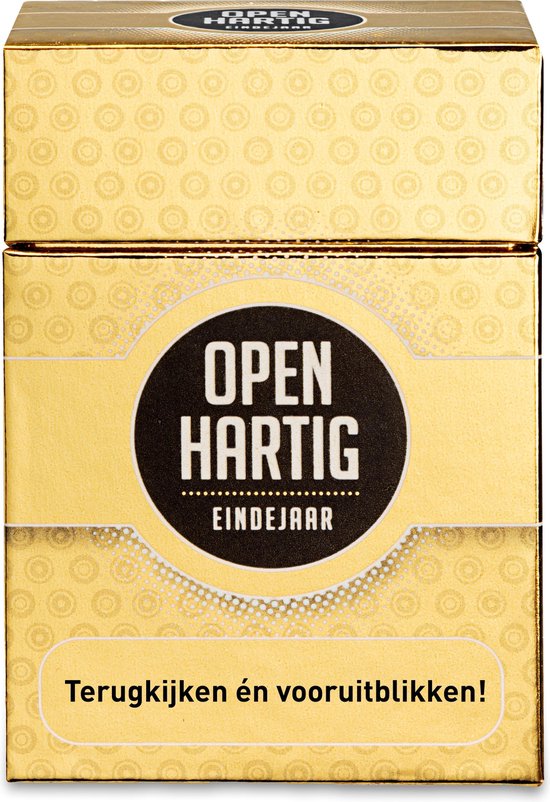Gouden doos met gouden cirkels en "OPEN HARTIG EINDEJAAR" erop. Text: "Terugkijken én vooruitblikken!".