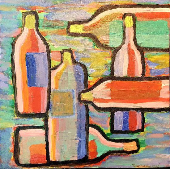 Schilderij op canvas met acryl verf van Peter Roesink. "Flessen"