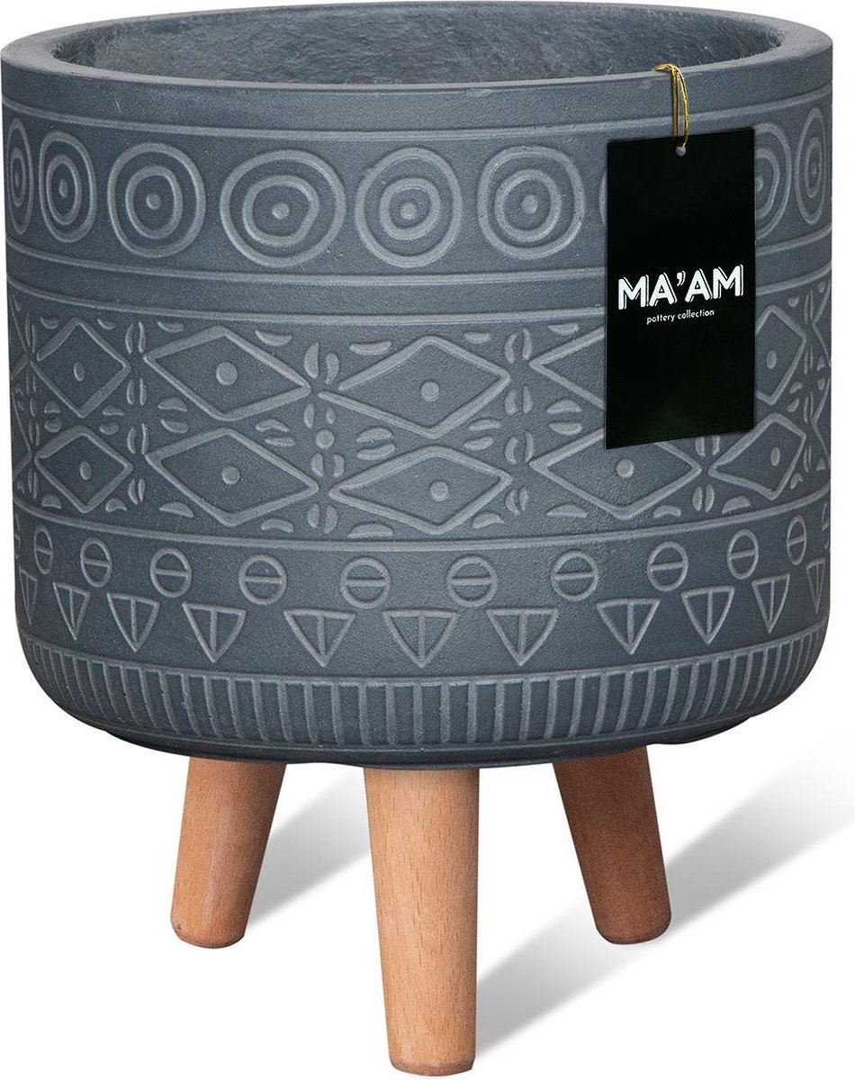 MAAM Pottery Fay bloempot op poten - D32xH36 - Grijs - houten pootjes (FSC) - marokaans/bohemian/botanische decoratie