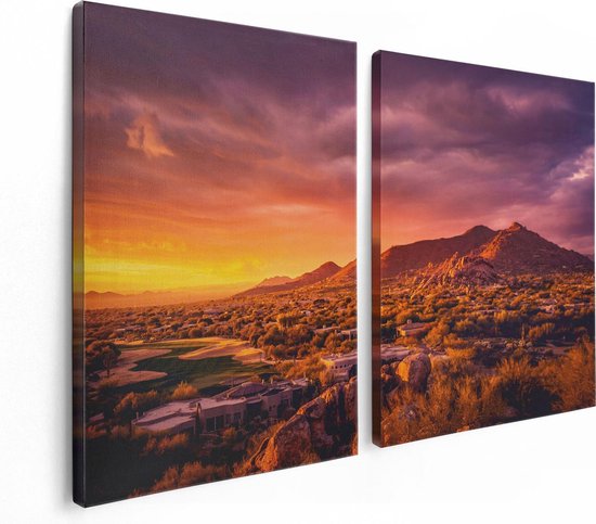 Artaza Canvas Schilderij Tweeluik Woestijn Landschap Met Zonsondergang  - 120x80 - Foto Op Canvas - Canvas Print