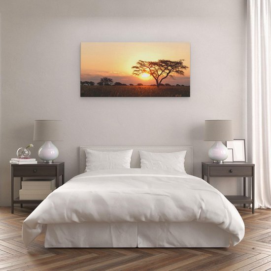 Artaza Canvas Schilderij Zonsondergang Achter Een Acacia Boom - 120x60 cm - Groot - Wanddecoratie Woonkamer - Schilderijen - Muurdecoratie