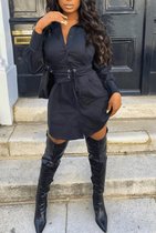 Yugo Mode - Black Long Sleeve Shirt Dress With Eyelet Lace Up Belt