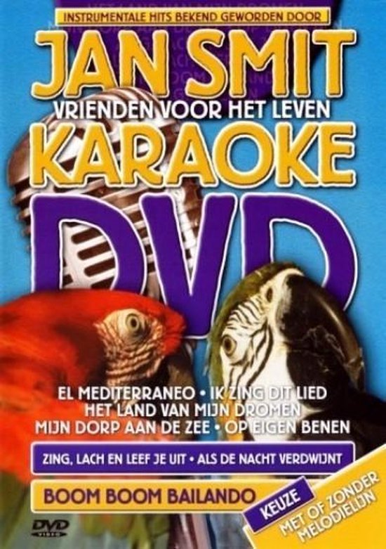 Jan Smit Karaoke DVD met twee papegaaien en microfoon.