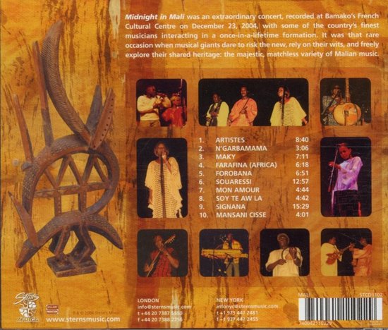 Achterkant van de hoes met foto's van live optredens van muzikanten, tracklist en contactgegevens.