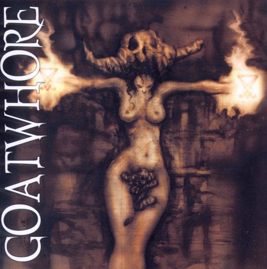 Albumcover met een naakte vrouw met een schedel op haar hoofd, brandende handen en de tekst GOATWHORE.