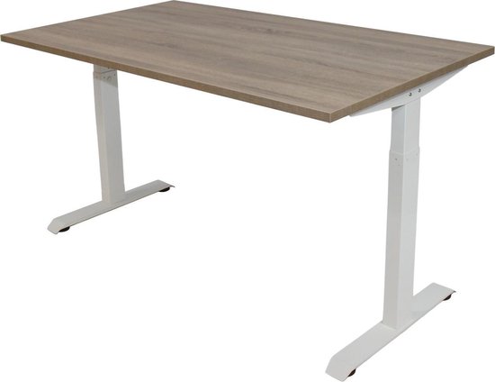 OrangeLabel Desk met wit onderstel en blad Robson Eik in de maat 120x80. Instelbaar van 62-84cm