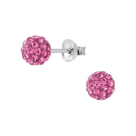 Joy|S - Zilveren bal kristal oorbellen - 6 mm rond - magenta roze