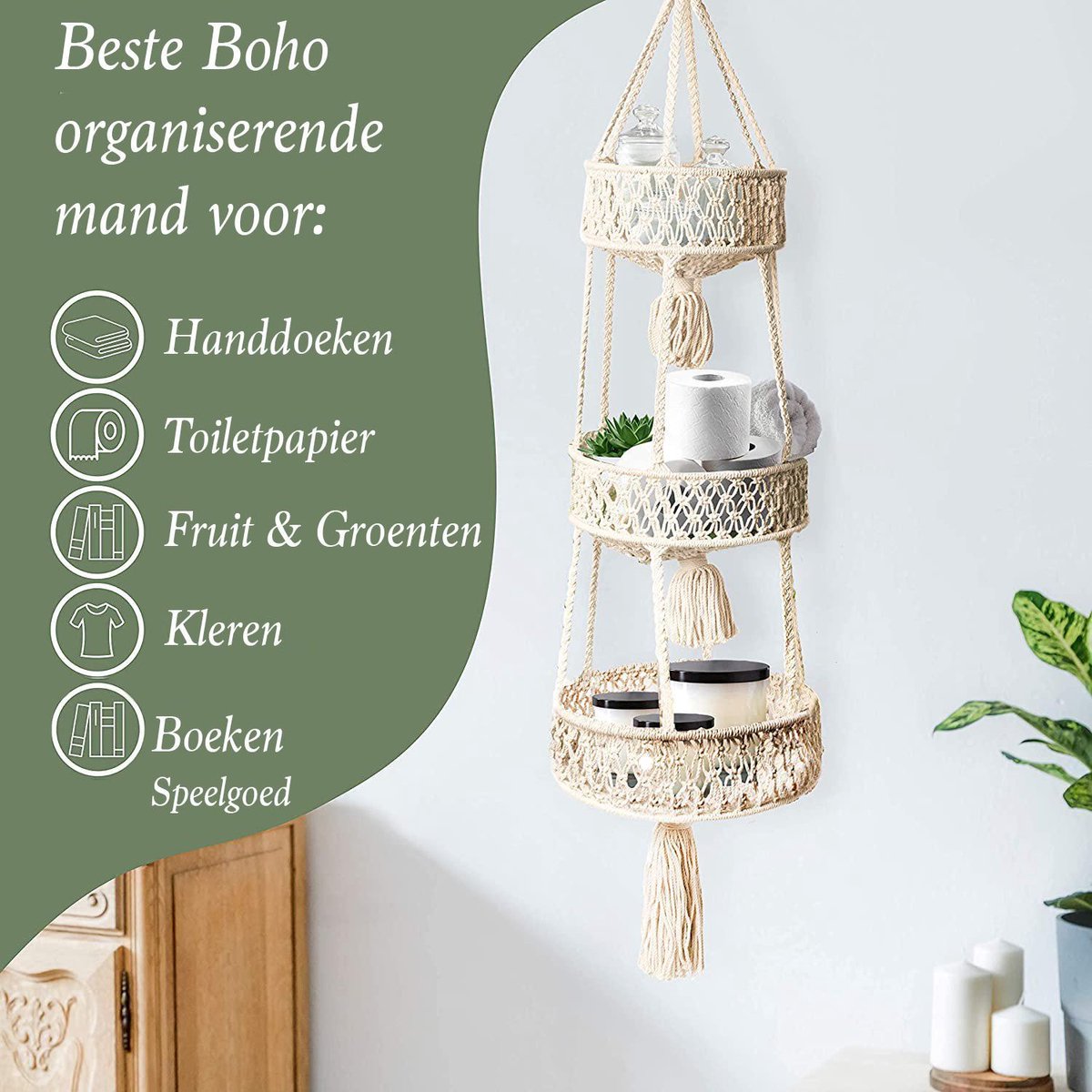 Boho Keukendecor Folkulture Hangende Fruitmand 3 Lagen - Macramé Boho Opbergmand Voor Keuken, Groenten Of Planten, 46 Inch Hangende Opbergmand