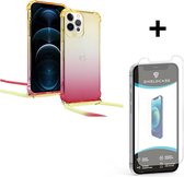 ShieldCase Hoesje met koord geschikt voor Apple iPhone 12 / 12 Pro - 6.1 inch - geel/roze + glazen Screen Protector