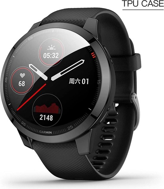 Zwarte TPU-hoes om een Garmin Vivoactive 4s smartwatch met zwart bandje. Tekst: TPU CASE.
