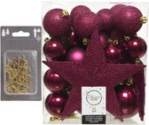 33x stuks kunststof kerstballen 5, 6 en 8 cm framboos roze inclusief ster piek en kerstbalhaakjes - Kerstversiering - Onbreekbaar