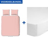 Luxe Dekbedovertrek Tweepersoons - Lits Jumeaux - 240x200/220cm - Inclusief 2 Kussenslopen - 100% Zacht Katoensatijn - Licht Roze + Zachte Katoenen Hoeslaken - 180x200cm - Wit