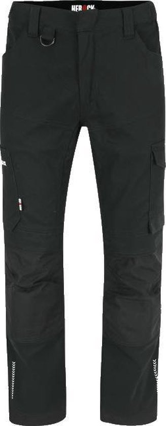 Pantalon de travail noir avec poches cargo et bandes réfléchissantes au bas des jambes.