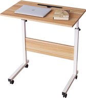 In hoogte verstelbare laptoptafel, computertafel met tablet-sleuf, 60 x 40 cm, pc-tafel, banktafel, bijzettafel, met wieltjes, eiken