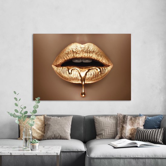 PosterGuru - Poster op canvas schilderij - Gouden Lippen v2 - 60 x 90 cm - woonkamer of slaapkamer - goud