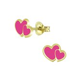 Joy|S - Zilveren hartjes oorbellen - dubbele hartjes - roze -  14k goudplating