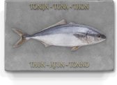 tonijn op grijze achtergrond  - niet van echt te onderscheiden schilderijtje op hout - tonijn in 6 talen -  Laqueprint