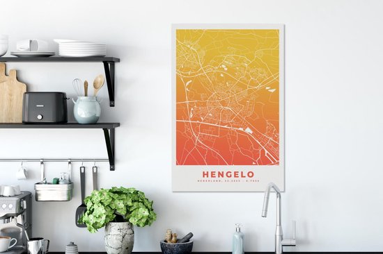 Canvas Schilderij Stadskaart - Hengelo - Geel - Nederland - 60x90 cm - Wanddecoratie
