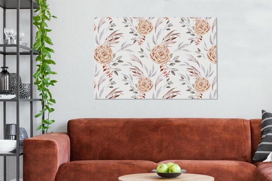 Toile Peinture Roses - Feuilles - Wit - 140x90 cm - Décoration murale