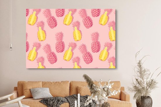 Canvas schilderij 150x100 cm - Wanddecoratie Zomer - Ananassen - Geel - Roze - Muurdecoratie woonkamer - Slaapkamer decoratie - Kamer accessoires - Schilderijen