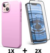 iPhone 13 Hoesje Roze & 2X Volledige Glazen Screenprotector - Siliconen Back Cover