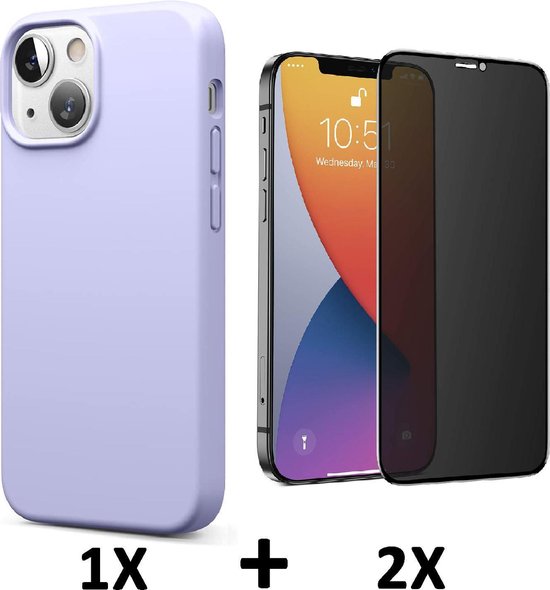 Coque Apple iPhone 13 Violet & 2 Pièces Protecteur d'écran en Verres Intimité - Coque Arrière en Siliconen