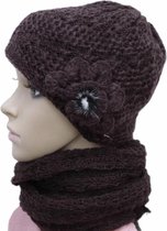 SET GEBREIDE MUTS MET SJAAL MEISJES - DAMES - BLOEM - BRUIN - ONE SIZE