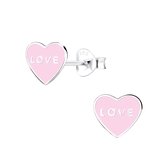 Joy|S - Zilveren hartje oorbellen - love - roze - 8 x 7 mm
