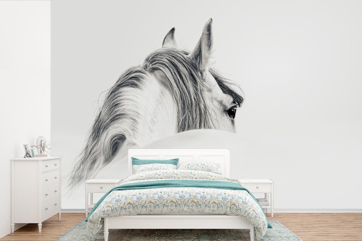 Behang - Fotobehang Paard - Wit - Grijs - Breedte 390 cm x hoogte 260 cm