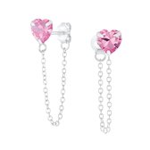 Joy|S - Zilveren hartje oorbellen - kettinkje - roze zirkonia