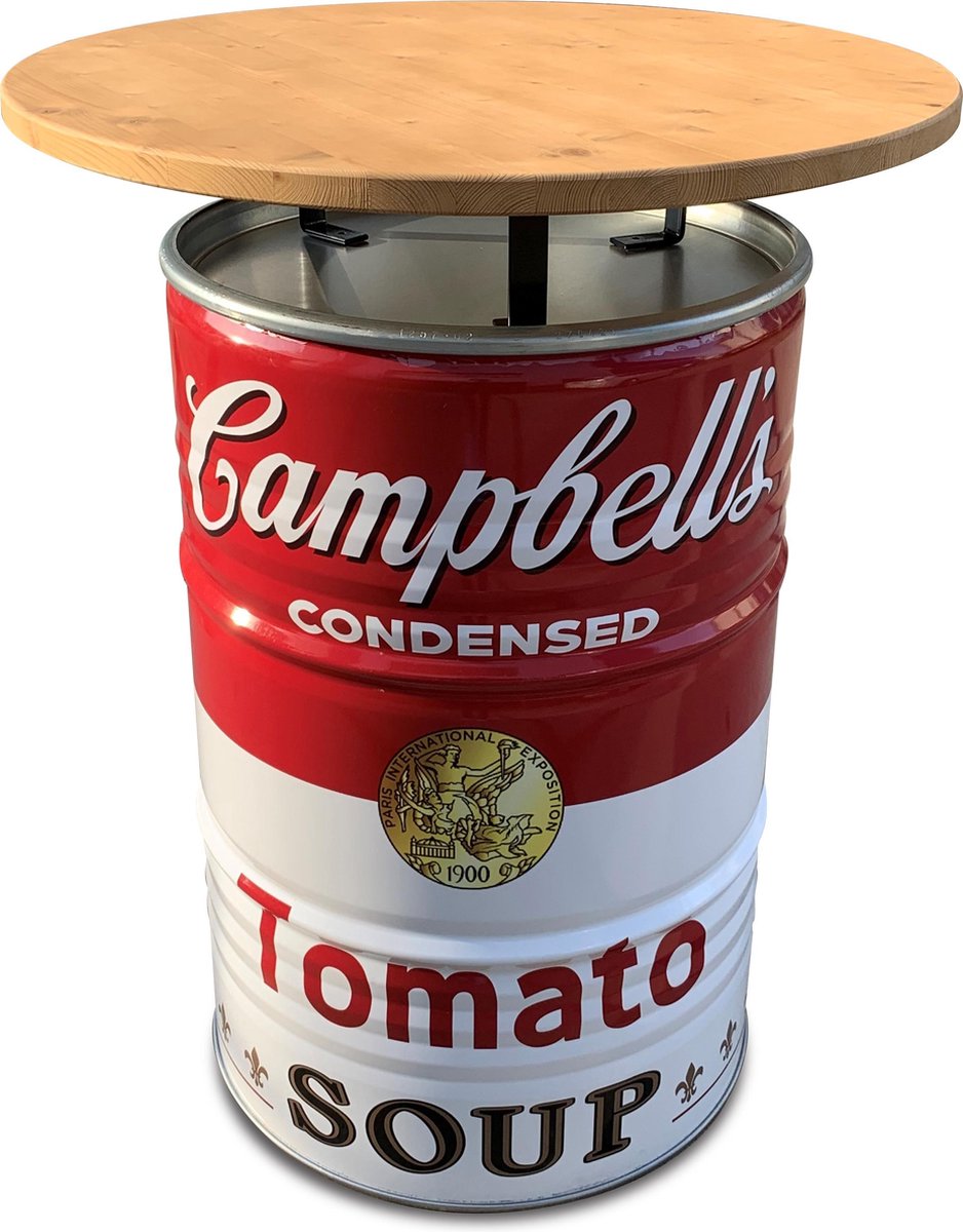Luxe Andy Warhol Campbell's Soup statafel met houten blad