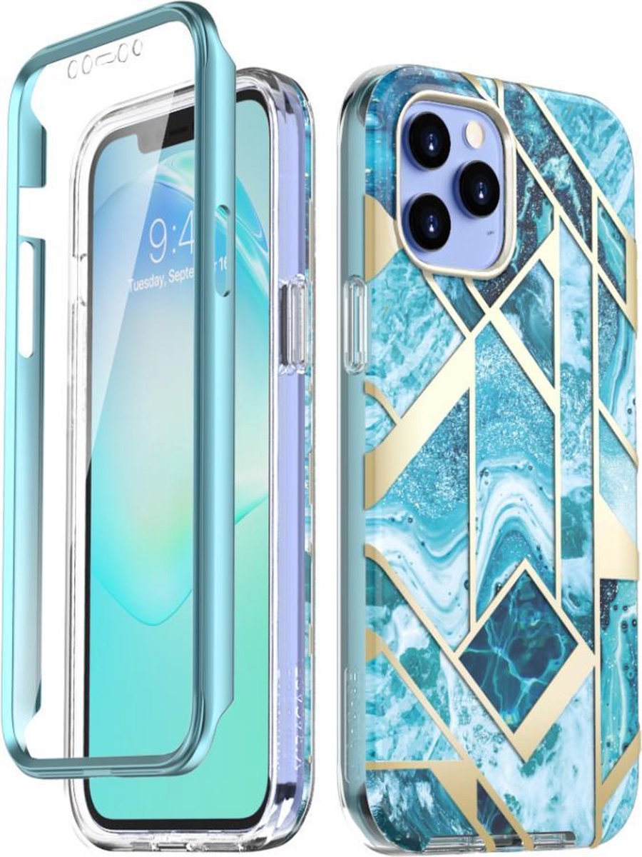 Miracase iPhone 12 hoesje, iPhone 12 pro case, met ingebouwde 9H gehard glas screenprotector, iPhone 12 / iPhone 12 pro hoesje+screenprotector all-in-one, blauw marmer patroon
