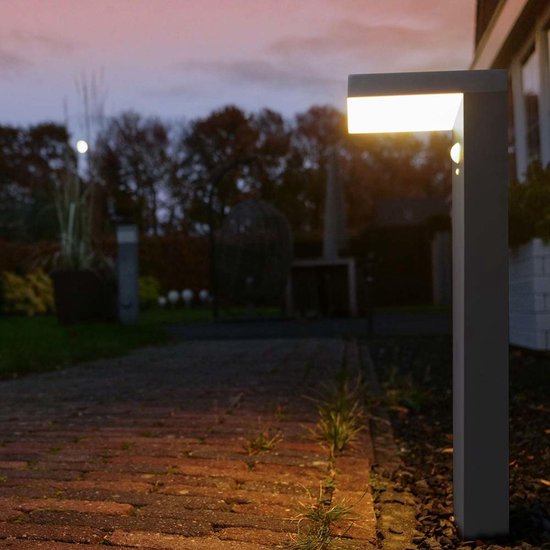 Moderne zwarte staande tuinlamp met bewegingssensor en witte ledverlichting, verlicht een tuinpad bij schemering.