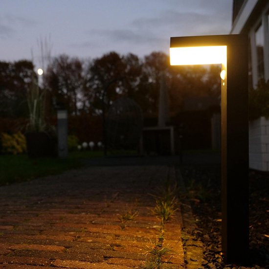 Zwarte staande tuinlamp met bewegingssensor en witte ledverlichting, verlicht een tuinpad bij schemering.
