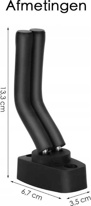 Zwarte gitaarhanger met afmetingen: 13,3 cm hoog, 6,7 cm breed, 3,5 cm diep.