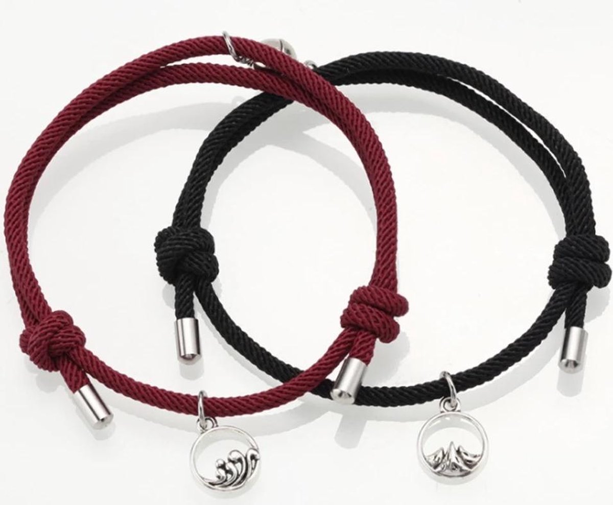 Armband set met magneet - Koppel armband - Wijnrood/Zwart - Armband dames - Armband heren - Romantisch cadeau - Vriendschap armband