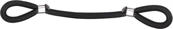Zwarte elastische band van 25 cm met aan beide zijden lussen en zilverkleurige afwerking.