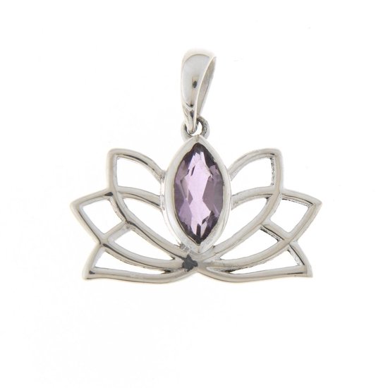 SilverGems Lotus hanger, zilveren hanger met facet geslepen marquise vormige Amethist edelsteen