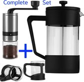 French Press Cafetière Koffiepers Inclusief Koffiemolen En 2 Kopjes - 1 Liter - Zwart - RVS - Glas - Koffiemaler - Bonenmaler - Handmatig - Koffiezetapparaat