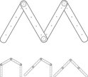 Drie lineaire illustraties van een verstelbaar houten klimrek: de eerste is uitgevouwen als een 'M', de andere twee zijn ingestort tot driehoeken.