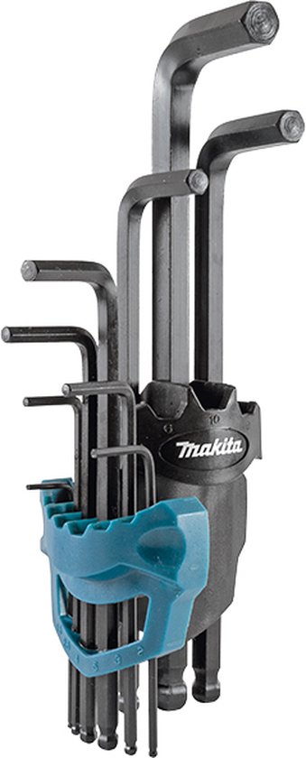 Set van 9 inbussleutels in een zwarte en turquoise houder met het Makita-logo.