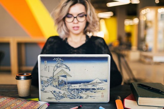 Sticker ordinateur portable - 14 pouces - Snowy morning in Koishikawa - Peinture de Katsushika Hokusai