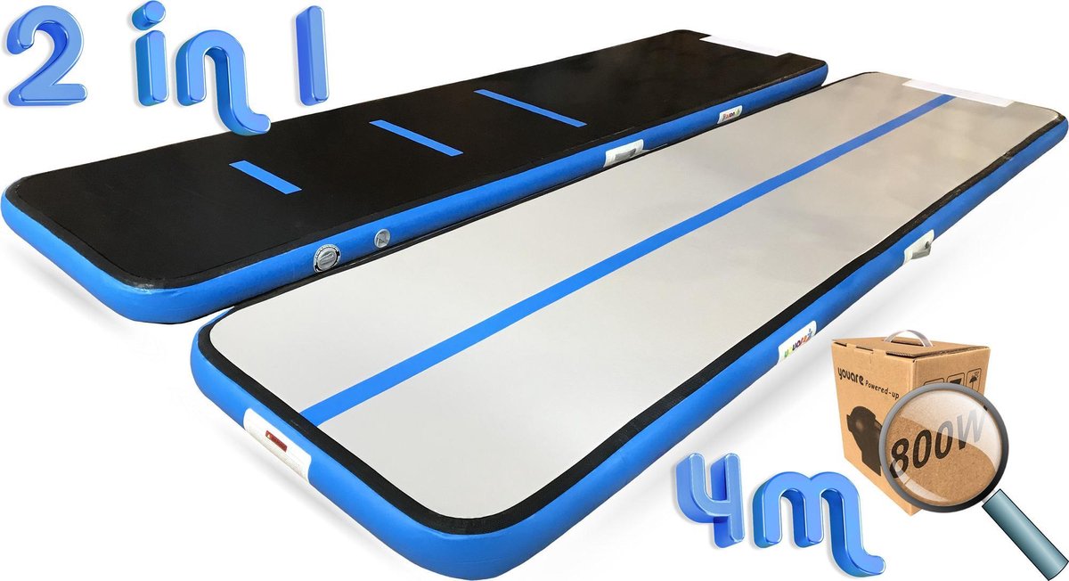 YouAre AirTrack Pro 4.0 | 4 meter — 15cm dik | incl. 800 Watt STERKE miniblower | Turnmat | Gymnastiek | Gymmat | Speelmat | Yogamat | Opblaasbaar | Waterproof | 4m Gym fitness mat opblaasbaar met elektrische lucht-pomp